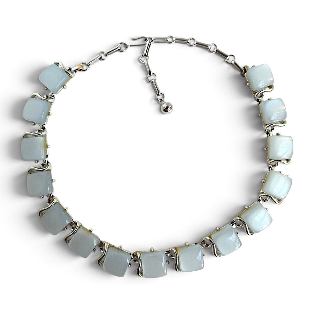 Vintage Coro Gray Blue Moonglow Thermoset Silver Tone Square Choker Necklace 17"